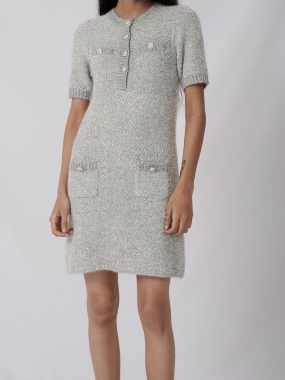 Maje Silver-Gray Short Sleeve Knit Pocket Dress
